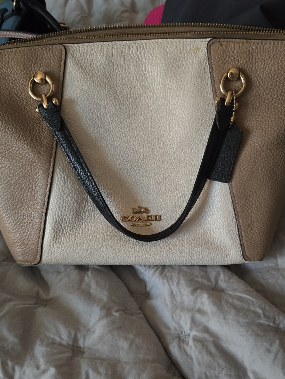Coach Pebbled Leather Colorblock Tote - Cream, Taupe & Black